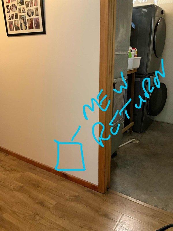 Conducted site assessment for replacement of aging Amana HVAC system experiencing operational issues. Evaluated existing outdoor condensing unit positioned on snow-covered ground with visible weathering. Identified optimal location for new return air installation in laundry room area adjacent to main living space. Customer requesting Trane equipment for the replacement system.