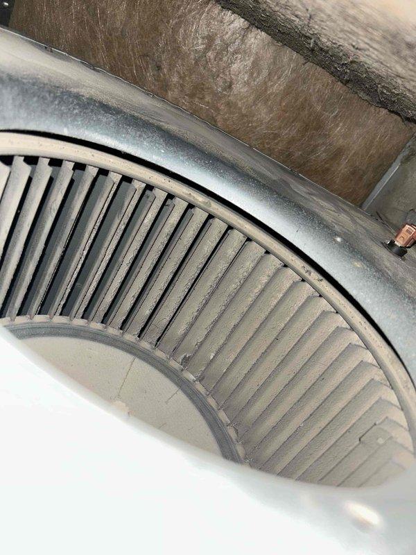 Diagnosed and serviced aging heating system experiencing no-heat condition. Inspection revealed significant dust accumulation on blower wheel assembly affecting airflow efficiency. Additionally, discovered corroded condensate drain assembly with mineral buildup and rust at connection points, indicating long-term moisture issues that were compromising system performance. Cleaned components and replaced damaged drain assembly to restore proper heating function.