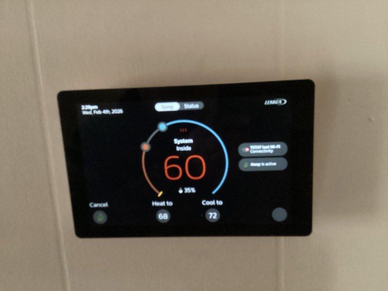 Performed annual heating maintenance on system with CCHBasic coverage (expires 06/03/2026). Inspected and verified proper thermostat operation with current heat setpoint at 68°F. Cleaned and examined blower wheel assembly, confirming proper condition and operation. System requires 20x25x4 filter (not included in service).