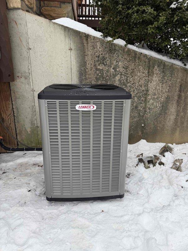 Successfully installed a Lennox Heat Pump system for customer, which included placing the outdoor condenser unit on a stable surface adjacent to a retaining wall and mounting the indoor air handler/furnace unit in the utility area. All components were properly connected with appropriate ductwork and electrical connections to ensure optimal system performance.