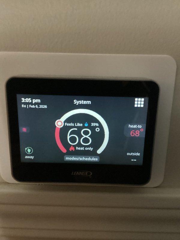 Completed annual heating maintenance service on a Lennox system. Verified thermostat operation with heat-only mode set at 68°F (39% humidity). System was in "away" mode at time of service. Filter not included per CCH Renew agreement.