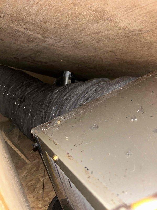 Performed initial assessment of HVAC system with particular focus on ductwork in confined space. Identified potential leak issue in the Carrier unit where flexible ducts connect to the main system. Comprehensive leak search scheduled for follow-up visit to properly diagnose and address the problem.