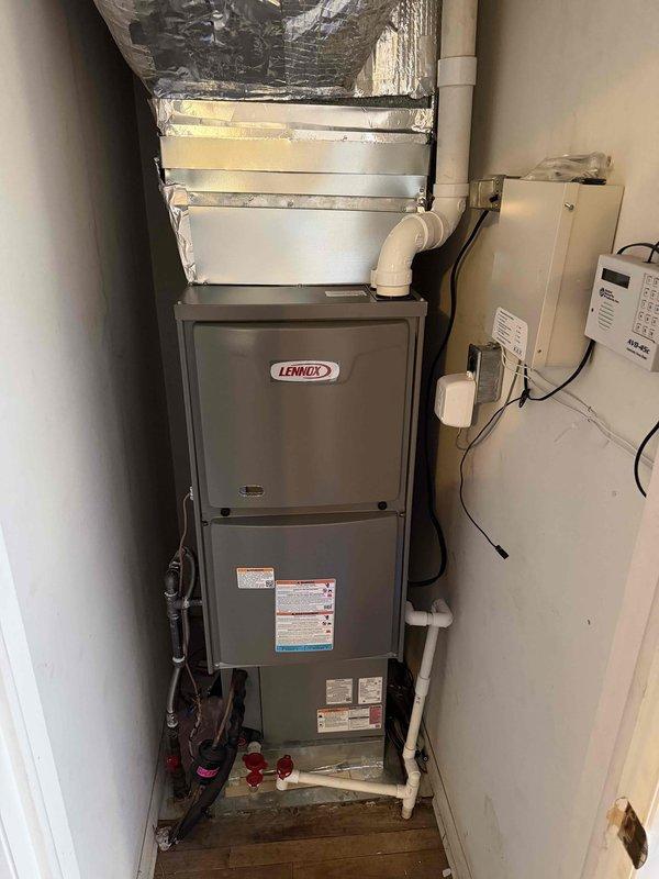 Successfully installed a new Lennox furnace in the client's utility room, ensuring proper connection of all ductwork, PVC ventilation pipes, and electrical components. System was fully tested and is operating at optimal efficiency, providing reliable heating for the residential property.