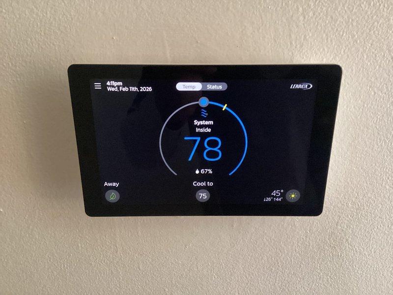 Responded to warranty call for non-functional heating system with blank thermostat display. Diagnosed and replaced faulty thermostat with new Lennox digital model. Verified proper system operation with successful heating function and confirmed thermostat displaying correct temperature readings and system status.
