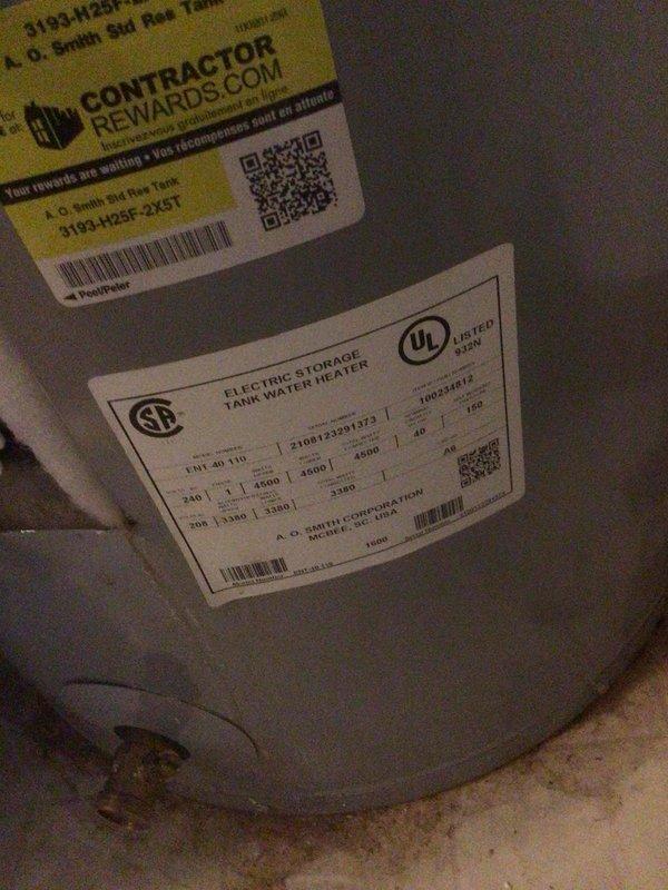 Inspected AO Smith electric storage tank water heater under warranty claim. Verified unit specifications and safety certifications (UL, CSB). Documented water heater condition and provided customer with repair and replacement options as requested.
