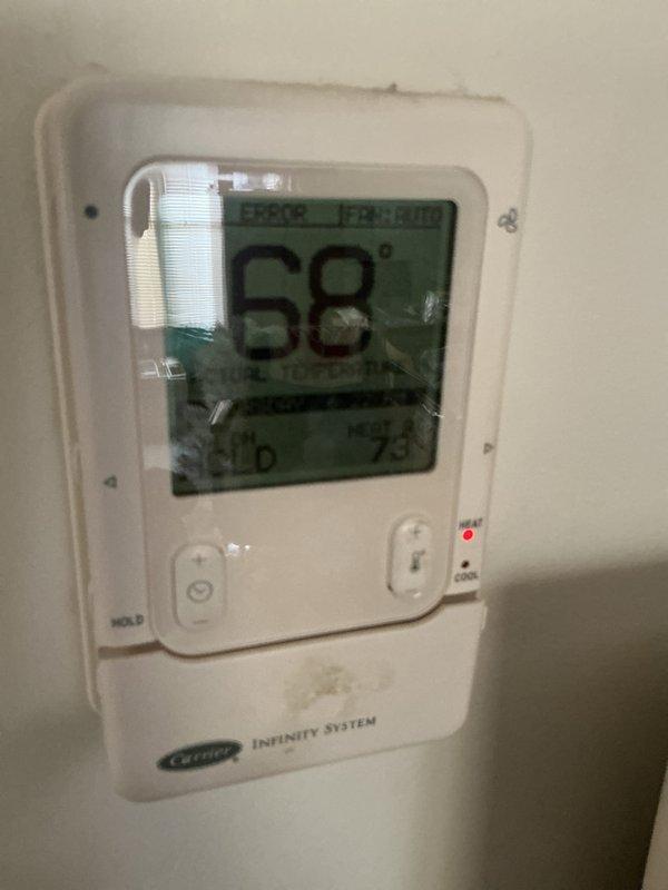 Completed monthly heat maintenance service at 11AM per customer availability. Inspected system including Carrier Infinity thermostat (currently operating in heating mode at 68°F with 73°F setpoint). Examined air filter (16x25x4, not included in service) which showed normal dust accumulation but remains functional. All heating components operating within normal parameters.