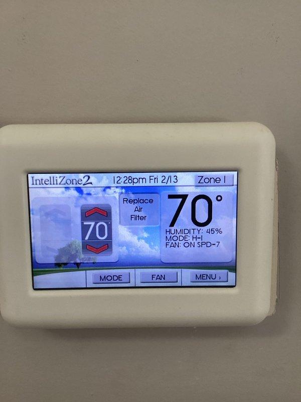 Performed scheduled HVAC maintenance service on heating system with CCGH contract (renewal 10/13/26). Replaced 20x25x4 air filter as included in maintenance agreement. Inspected thermostat displaying "Replace Air Filter" notification, which was reset after filter replacement. System operation verified with heating mode functioning properly at time of departure.