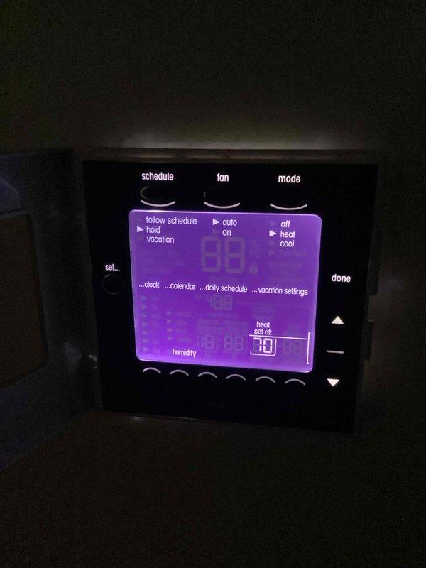 Performed basic monthly maintenance on CCH system. Inspected thermostat functionality and verified proper heat operation with current setting at 70°F. Observed accumulated dust/debris on internal components and cleaned accessible surfaces to improve system efficiency.