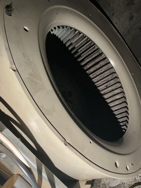 Performed monthly basic heating maintenance on customer's CCHP system. Inspected blower wheel assembly for proper operation and cleanliness, noting minor dust accumulation but overall good condition. Verified thermostat functionality with system maintaining setpoint of 75°F. Filter replacement not included in service (20x25x4).