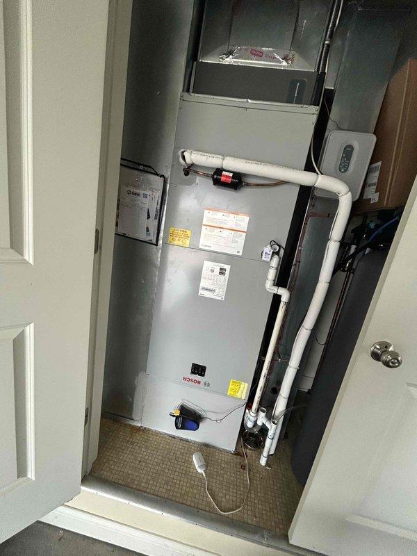 Returned to replace evaporator coil under manufacturer warranty on Bosch HVAC system. Documented lineset position and condition prior to replacement. Installed new coil and verified proper operation of system after completion.