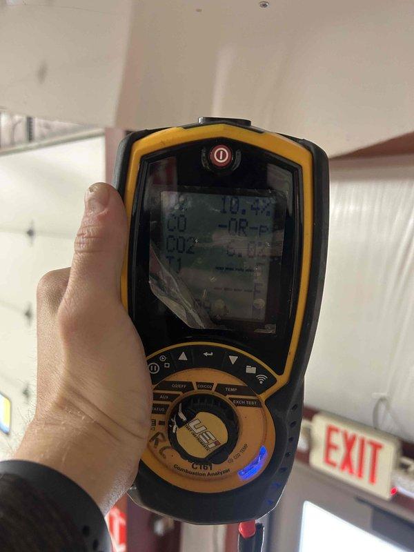Performed diagnostic combustion analysis on intermittently failing hanging heater using UEi C161 Combustion Analyzer to evaluate system performance. Customer reported frequent reset requirements that do not resolve the heating issue. Measurements taken to identify root cause beyond reset requirements.