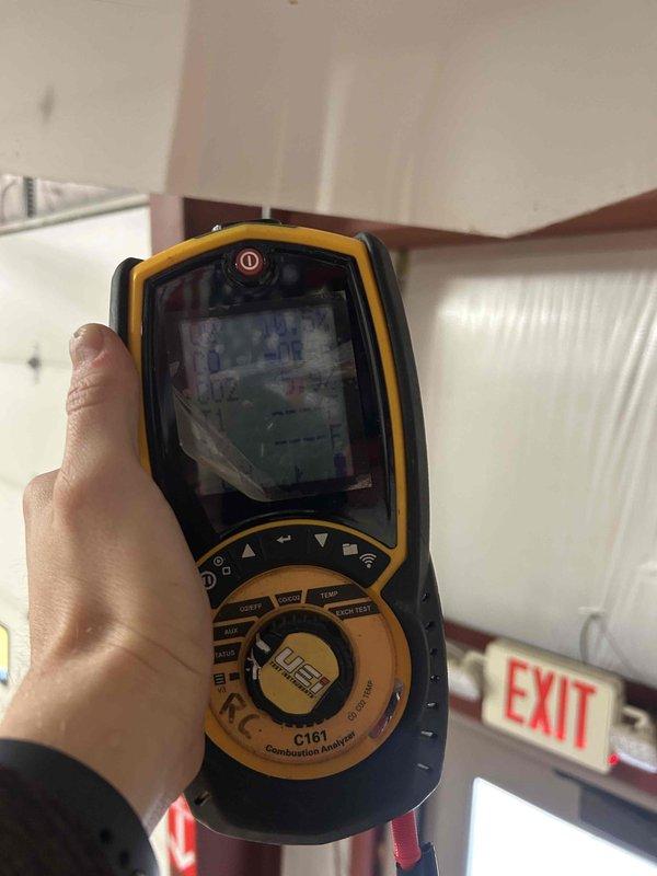 Performed diagnostic combustion analysis on intermittently failing hanging heater using UEi C161 Combustion Analyzer to evaluate system performance. Customer reported frequent reset requirements that do not resolve the heating issue. Measurements taken to identify root cause beyond reset requirements.