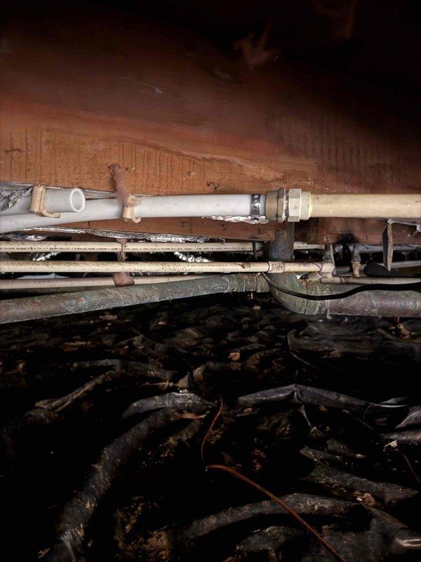 Conducted inspection of residential waterline issue, documenting exposed PVC piping system in crawlspace with visible joints and fittings. Observed signs of water damage and deterioration to surrounding wooden structural elements, with pipes mounted in disorganized manner beneath floor joists alongside various electrical wiring.