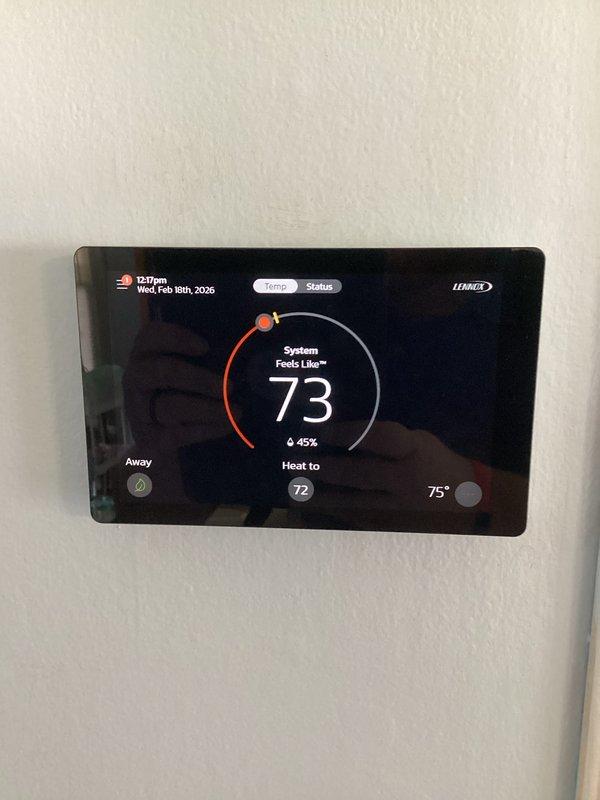 Completed routine heat maintenance service for CCH contract (renewal 7/14/26). Inspected water heater system in utility area and verified proper operation of Lennox digital thermostat. System functioning correctly with heat set to 72° and maintaining comfortable temperature. Replaced 20x25x4 air filter as included in maintenance agreement. Documented system condition with photos.