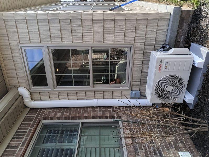 Successfully installed a Lennox mini-split system for an enclosed porch area. Mounted the outdoor condenser unit securely to exterior wall using appropriate metal brackets, and verified proper refrigerant line installation. System tested with digital thermometer confirming proper operation at 45.7°F discharge temperature.