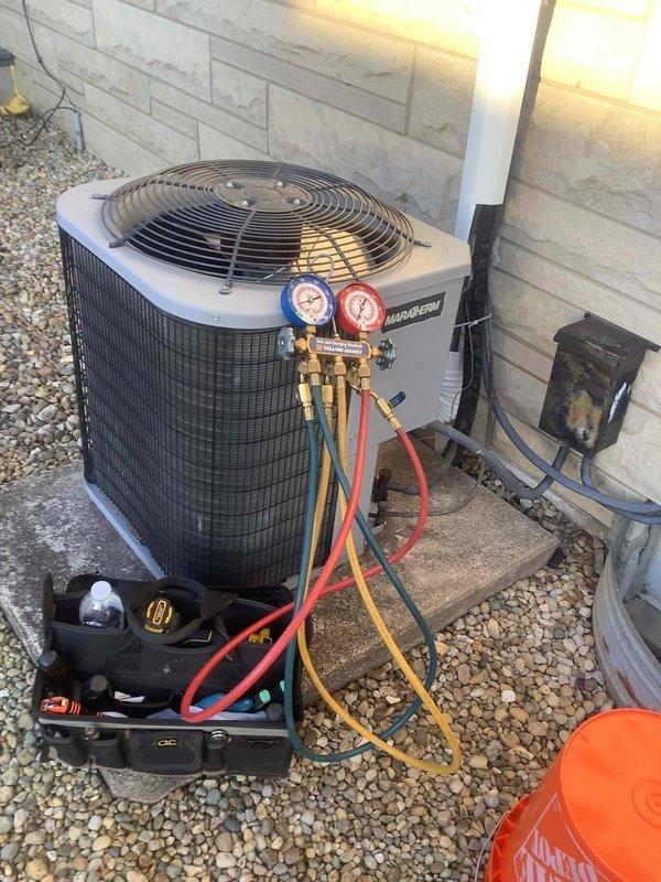 Performed routine heat maintenance on Heatmaster unit. Connected manifold gauge set to check refrigerant pressures and system operation. System is functioning properly with pressures within normal range. Customer's maintenance agreement renewed through 6/12/26.