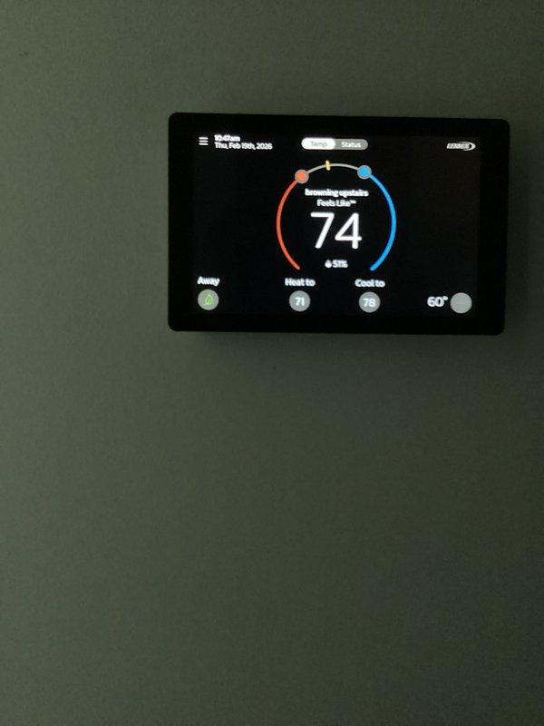 Performed scheduled maintenance on two-system central heat unit with renewal due 1/22/26. Inspected Lennox furnace system and verified proper operation with the programmable thermostat set to maintain 71° heat. Replaced air filters (20x20x4 & 20x25x4) and completed all standard preventative maintenance procedures.