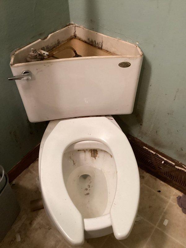 Successfully removed old corner toilet showing significant discoloration, mold growth, and floor staining, and replaced with new white triangular-tank corner toilet with top-mounted flush button. New installation properly set and sealed against both walls, optimizing space in the compact bathroom while resolving previous hygiene and potential water leakage issues.