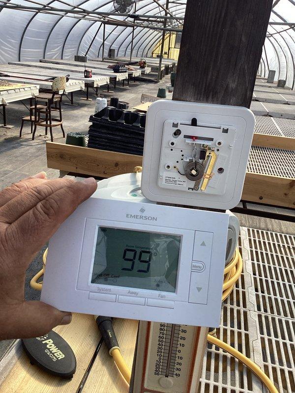 Performed diagnostic evaluation and repair on oil furnace system. Replaced failed Beckett burner assembly and installed new Emerson digital thermostat in greenhouse environment. System successfully tested with proper temperature regulation restored to 99°F for optimal plant cultivation conditions.