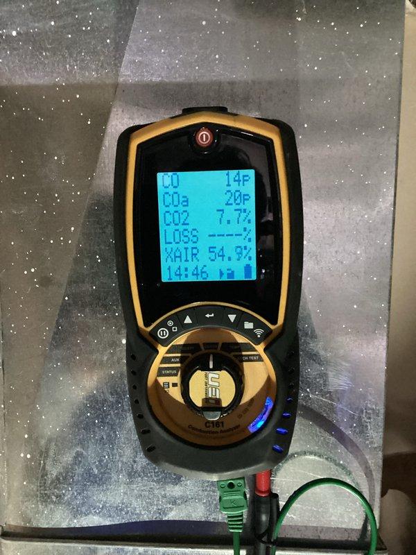 Performed monthly CCH basic maintenance service on heating system. Inspected heat exchanger coils and associated components for proper condition. Conducted combustion analysis with readings showing CO at 14P, CO2 at 7.7%, and excess air at 54.5%, indicating system is operating within acceptable parameters.