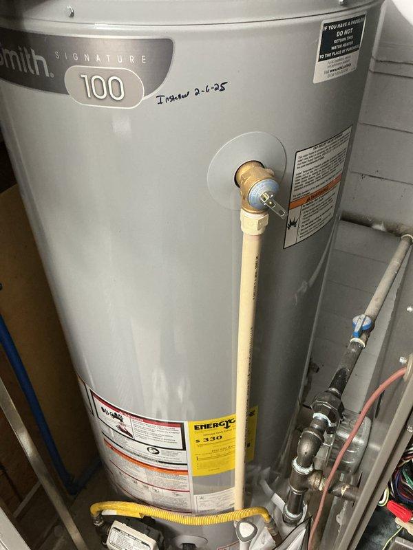 Performed scheduled heat maintenance service on Smith Signature 100 water heater system. Verified proper operation of digital thermostat (reading 71°F) and confirmed CCH renewal. Note: 16x25x4 filter not included during this service.