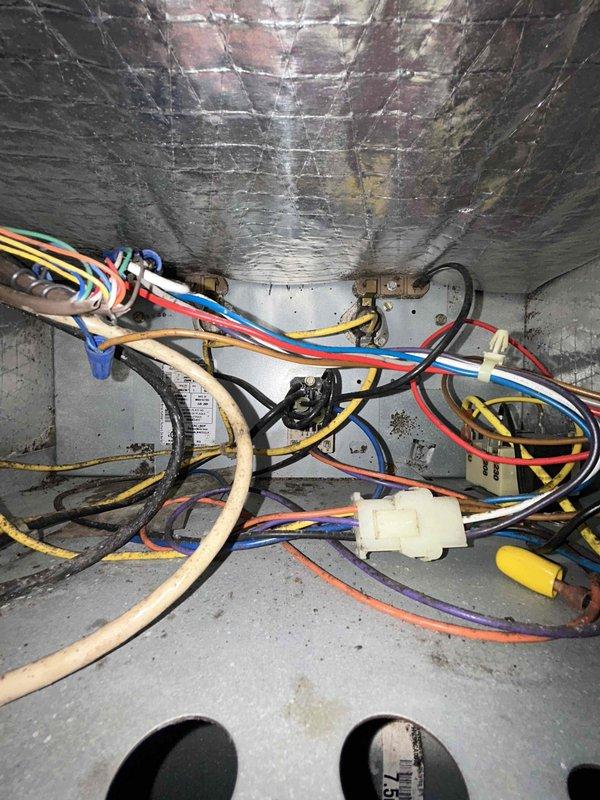 Diagnosed and serviced 10+ year old furnace with no heat issue. Inspection revealed worn electrical connections in the control compartment with visible corrosion and deterioration. Cleaned terminals, replaced damaged wiring, and restored proper electrical connections to restore heat function.