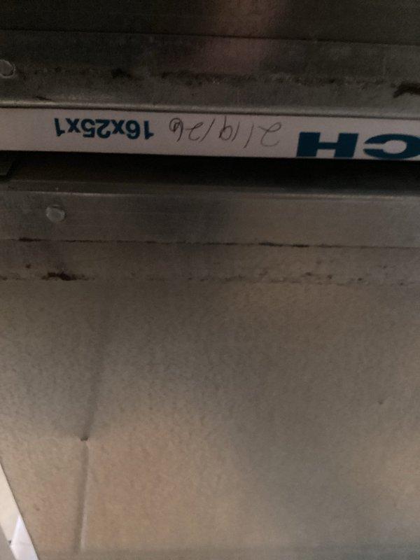 Responded to no-heat call for a residential system. Discovered clogged 16x25x1 air filter (dated 2/10/19) restricting proper airflow. Thermostat was functioning correctly showing 52°F actual temperature with 70°F setpoint, but system was unable to produce heat due to filter restriction. Replaced filter, verified proper system operation and heat production, and confirmed thermostat communication with furnace.