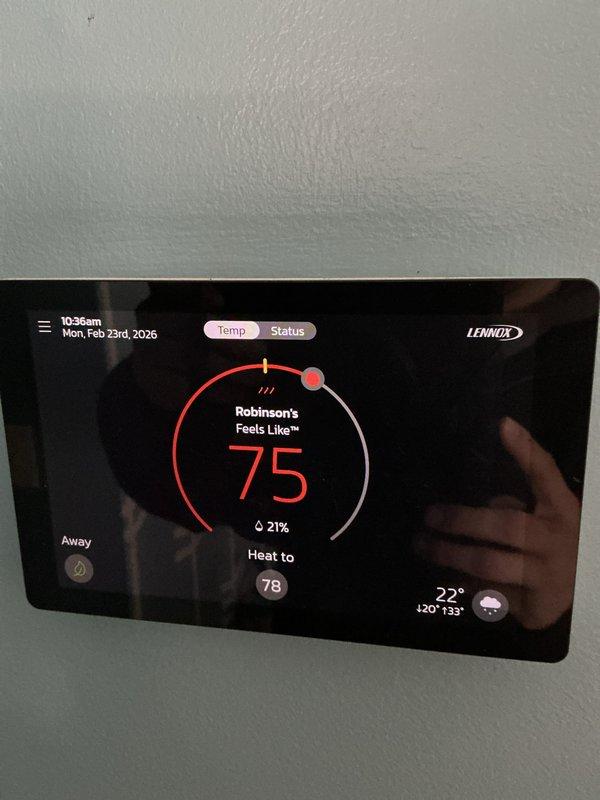 Performed routine heating maintenance on Lennox CCHP system, including inspection of thermostat functionality and outdoor unit circuit board connections. Verified proper operation in heat mode with system responding correctly to set points. Replaced 14x20x1 air filter as part of maintenance agreement (renewal 6/6/26).