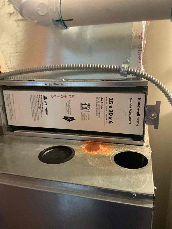 Completed monthly maintenance on heating system. Inspected Honeywell F100A1003 air filter (16x20x4) which was previously installed and not included in service. Checked gas connections, verified proper operation of gas valve, and confirmed status light codes were normal on the heating unit.