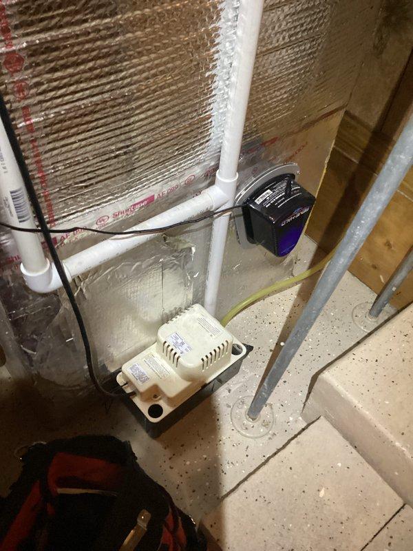 Responded to emergency service call for furnace shutdown with customer reporting unusual noises prior to failure. Diagnostic inspection revealed a faulty condensate float switch that had triggered system shutdown, not a clogged condensation line as customer suspected. Replaced defective float switch, verified proper system operation with thermostat now reading normal temperature settings and system in heating mode.