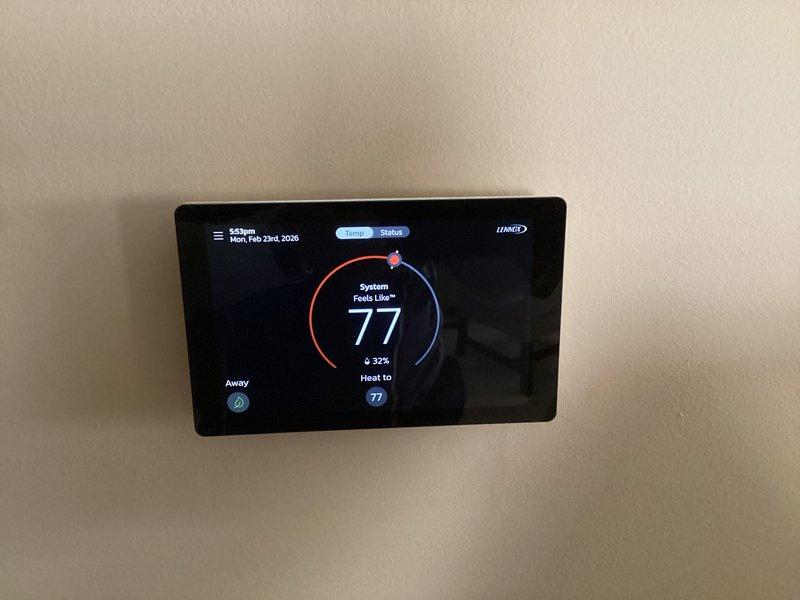 Responded to emergency service call for furnace shutdown with customer reporting unusual noises prior to failure. Diagnostic inspection revealed a faulty condensate float switch that had triggered system shutdown, not a clogged condensation line as customer suspected. Replaced defective float switch, verified proper system operation with thermostat now reading normal temperature settings and system in heating mode.