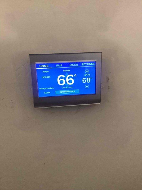 Performed standard repair service on furnace system. Inspected internal components including wiring and mechanical parts, with particular attention to the heating elements and exhaust system. Verified thermostat operation, which was maintaining appropriate temperature control with the heating function active at 66°F with 68°F setpoint.