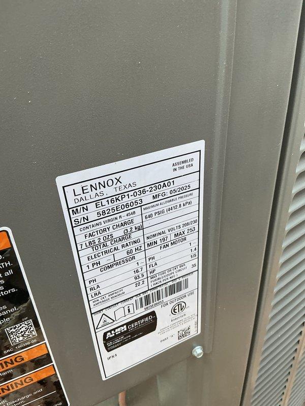 Performed routine maintenance on Lennox heat pump system (model EL16KP1-036-230A01, manufactured 02/2022). Inspected unit, replaced filter, and renewed maintenance agreement through 6/19/26. System is operating properly with factory charge of 7 LBS 0 OZ.