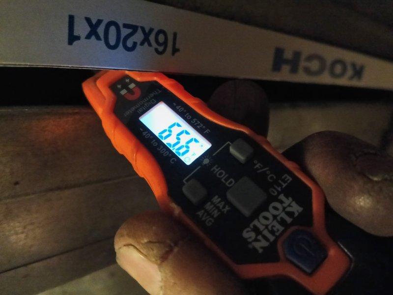 Successfully installed a new Lennox 80% efficiency gas furnace with proper ductwork connections and ventilation system. Verified system temperatures with digital measurement tools and ensured all components were functioning according to manufacturer specifications. Complete installation includes properly sized return air system with 16x20x1 filter configuration.