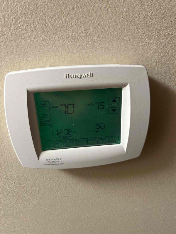 Performed basic monthly maintenance on CCH heating system. Inspected and tested Honeywell thermostat operation (currently set to 75°F with 34% humidity). Examined furnace with open panel for proper operation; verified integrity of PVC exhaust venting system. Filter (20x25x4) not included in service.