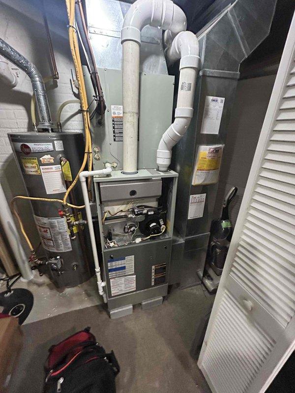 Performed basic monthly maintenance on CCH heating system. Inspected and tested Honeywell thermostat operation (currently set to 75°F with 34% humidity). Examined furnace with open panel for proper operation; verified integrity of PVC exhaust venting system. Filter (20x25x4) not included in service.