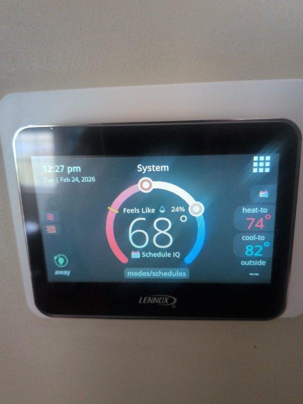 Completed scheduled heating maintenance on Lennox system with CCH service agreement (expires 12/29/25). Inspected and verified proper operation of digital thermostat displaying normal temperature readings and system settings. Replaced 20x20x4 filter as part of standard maintenance protocol. System operating within normal parameters.