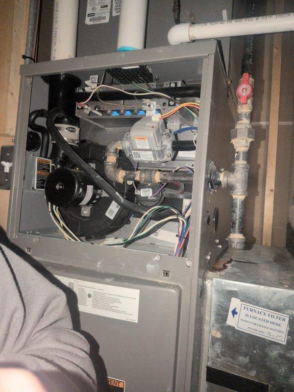 Performed monthly maintenance on residential heating system including inspection of furnace components (motor, circuit board, gas valve, electrical wiring) and water heater installation. Replaced standard 16x25x1 filter as included in basic monthly maintenance plan and documented system condition with photos for service record.