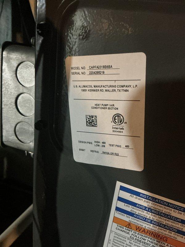 Performed Basic Monthly CCH maintenance service on heat pump system (Model CAPFA31B8A9A, Serial 220428210). Inspected U.S. Alumacoil Manufacturing heat pump/air conditioner section and verified proper operation. Noted 16x25x4 filter not included in maintenance service.