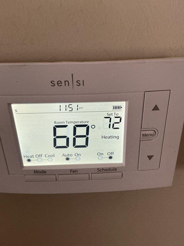 Performed basic monthly maintenance on a CCH system. Verified the existing 14x25x1 self-supported pleated air filter, which was not included in service. Confirmed proper operation of the Sensi thermostat set to heating mode (68° current/72° set point) with auto fan setting.