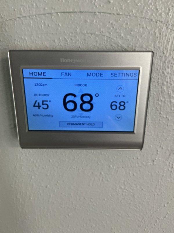 Performed basic monthly maintenance on CCH unit. Verified thermostat functionality - confirmed system holding at 68° with heat operating normally. Thermostat display showing proper indoor/outdoor temperature readings and humidity levels. Filter replacement (16x25x4) not included in this service visit.