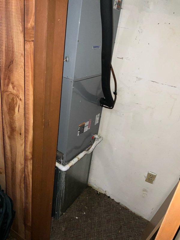 Inspected 2010 HP R41 system running in emergency heat mode. Discovered UV dye in system and located leak at the return side of the A-coil. Replacement A-coil unavailable with matching dimensions (5-6" difference). Recommended full system replacement due to refrigerant leak and system age, with installation to be scheduled immediately.