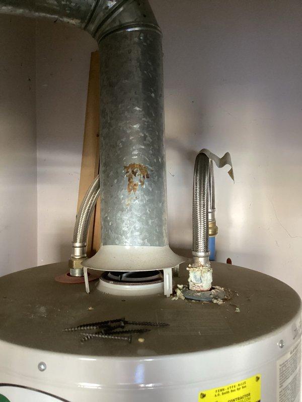 Arrived at customer's residence before 5PM as requested to address water heater pilot light failure. Upon inspection, identified corrosion at tank connection points and oxidation on the galvanized vent pipe. Successfully cleaned thermocouple, relit pilot light, and tested water heater for proper operation before customer's scheduled departure.