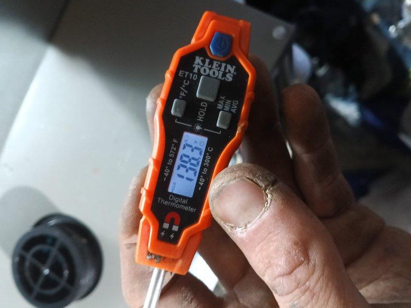 Completed installation of Lennox Gas Furnace system with comprehensive temperature testing. Supply air temperature verified at 199.7°F with return air at 58.8°F, confirming proper temperature differential and optimal system performance.