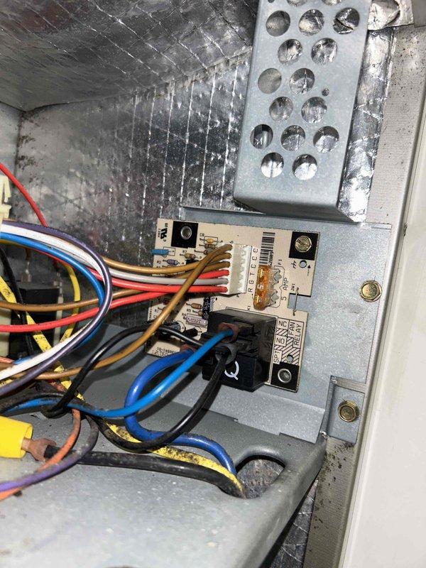Replaced defective rectifier board and relay in unit. Identified issue with control circuitry, installed new components, and verified proper connection of all wiring (blue, red, yellow, black, white, and brown) to restore system functionality.