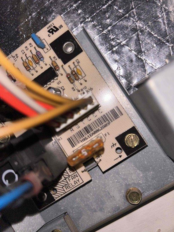 Replaced defective rectifier board and relay in unit. Identified issue with control circuitry, installed new components, and verified proper connection of all wiring (blue, red, yellow, black, white, and brown) to restore system functionality.