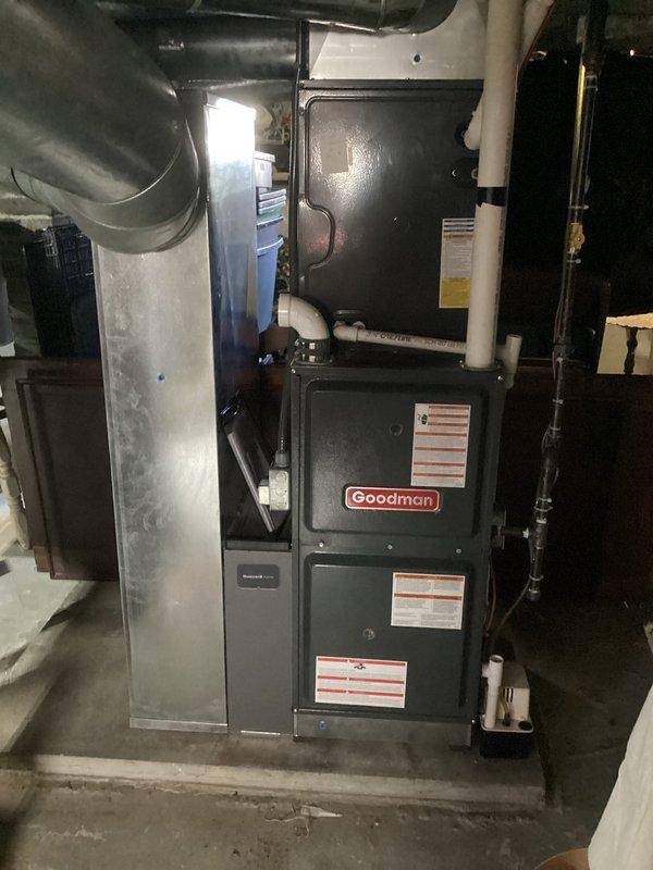 Performed rescheduled basic monthly maintenance on Goodman furnace system. Inspected unit components, connections, and ductwork; all systems operating normally with thermostat maintaining set temperature of 69°F. Customer-supplied 20x25x4 filter not included in service.