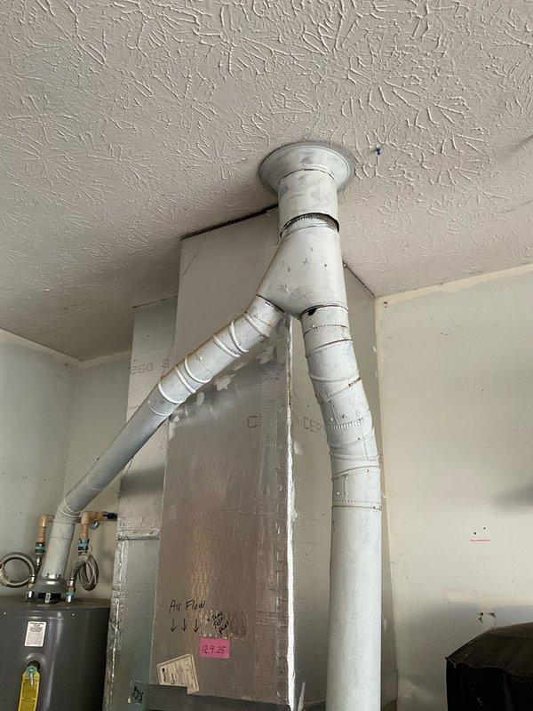 Conducted comprehensive evaluation of aging furnace with existing XXX issue causing heat failure. Inspected current ductwork configuration, noting Y-shaped distribution system with sealed joints and possible ventilation concerns. Presented replacement options for both furnace-only and complete HVAC system replacement per customer's request, with recommendations for immediate implementation due to current system failure and age-related concerns.