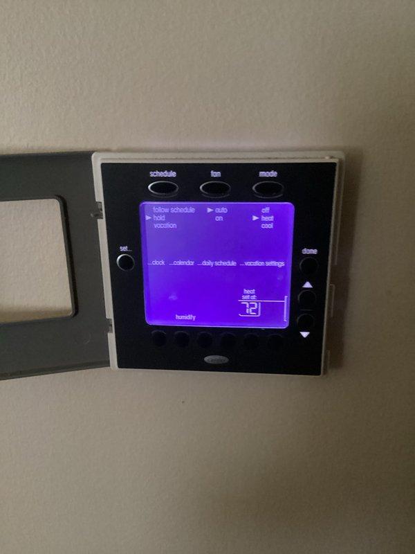 Performed routine 6-month cooling maintenance service on residential HVAC system. Inspected and verified proper operation of Carrier programmable thermostat, confirming correct temperature settings and schedule functionality. System was tested in cooling mode and is operating normally with current temperature set to 68°F.