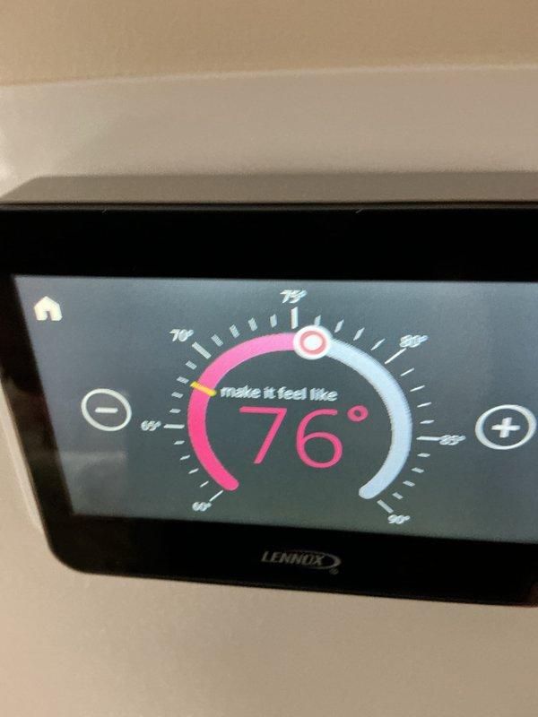 Performed routine heating maintenance on Lennox system while customer is away from property. Inspected thermostat functionality (set at 76°) and examined furnace components including control board, wiring, and PVC ventilation system. System operating within normal parameters; maintenance complete per CCH agreement (renewal 6/16/26). Filter replacement not included in service (20x25x4).